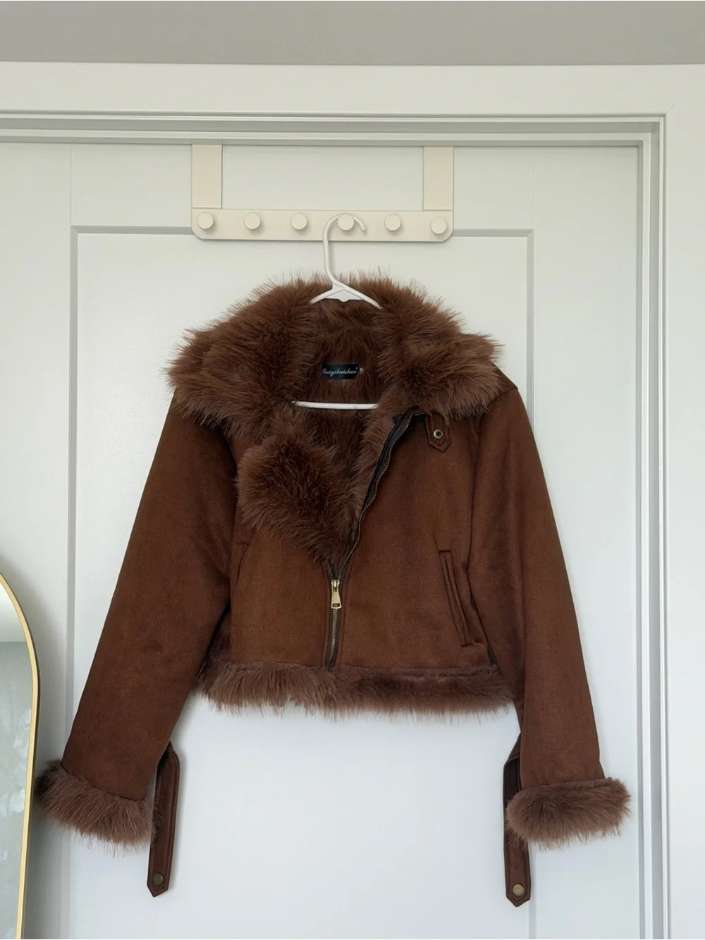 Faux Fur Trim Brown Suede Moto Jacket - new without tag, never worn